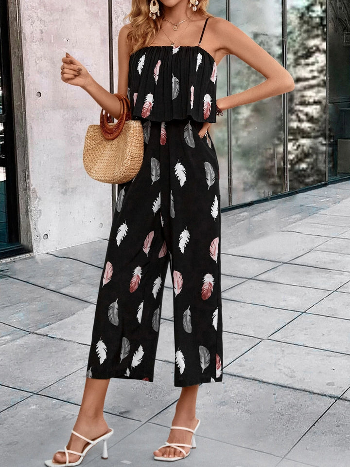 Cami-Jumpsuit mit Feder-Print 