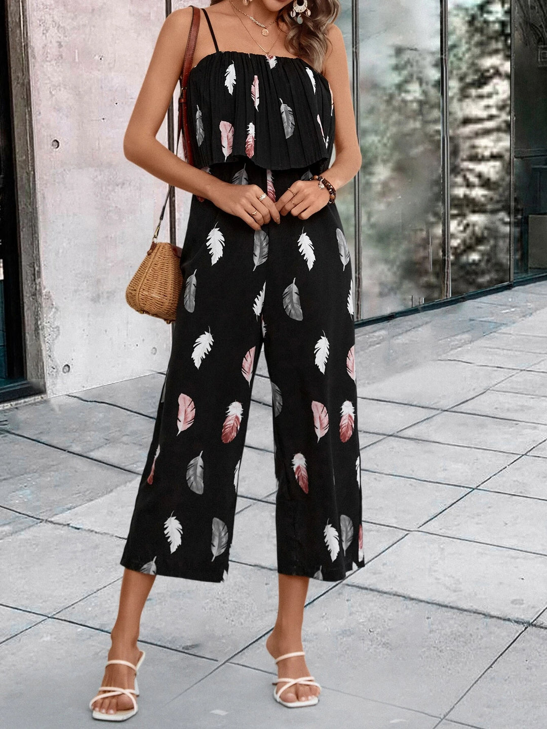 Cami-Jumpsuit mit Feder-Print 