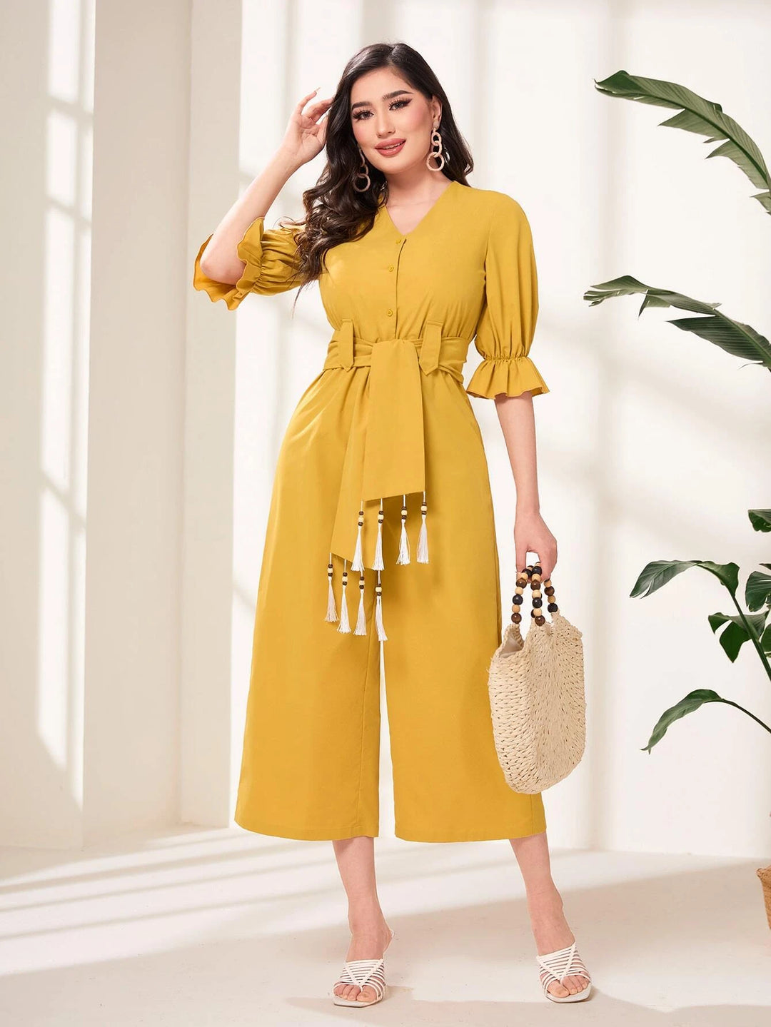 Flounce Sleeve Tassel Trim Jumpsuit With Belt