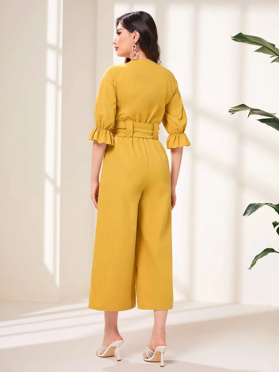 Flounce Sleeve Tassel Trim Jumpsuit With Belt