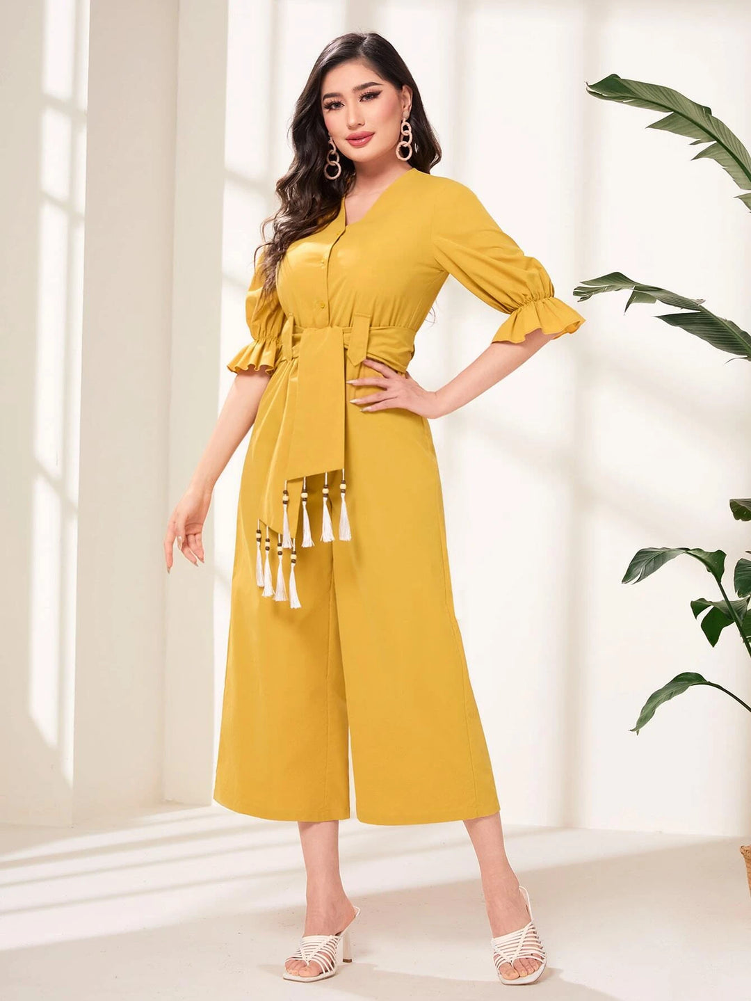 Flounce Sleeve Tassel Trim Jumpsuit With Belt