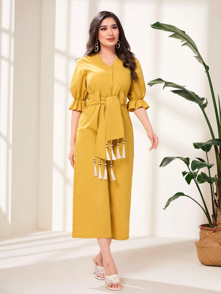 Flounce Sleeve Tassel Trim Jumpsuit With Belt