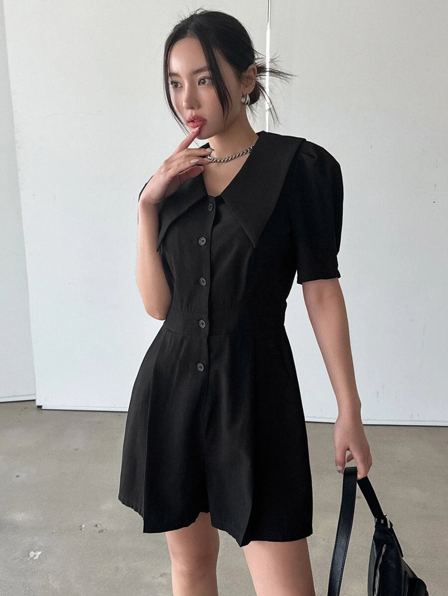 Solid Button Front Shirt Romper