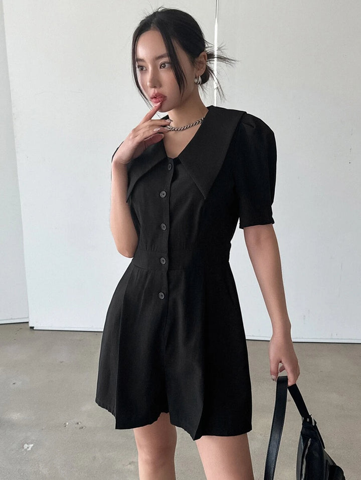 Solid Button Front Shirt Romper