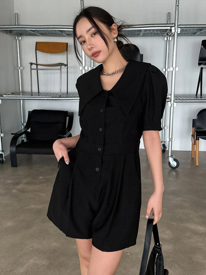 Solid Button Front Shirt Romper