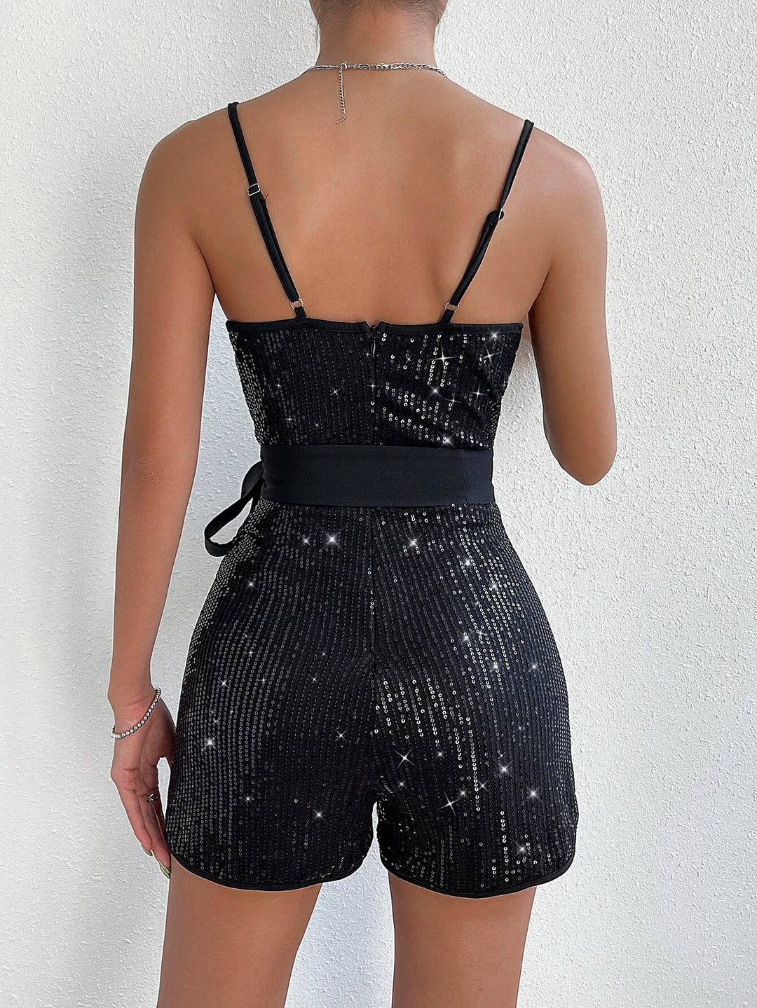 Sequin Belted Cami Romper