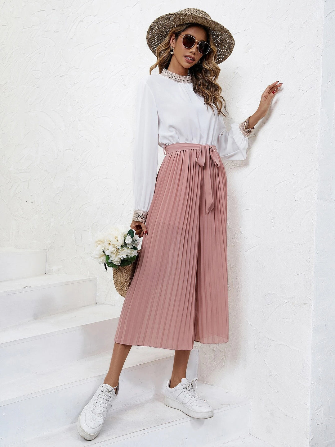 Two Tone Pleated Belted Jumpsuit