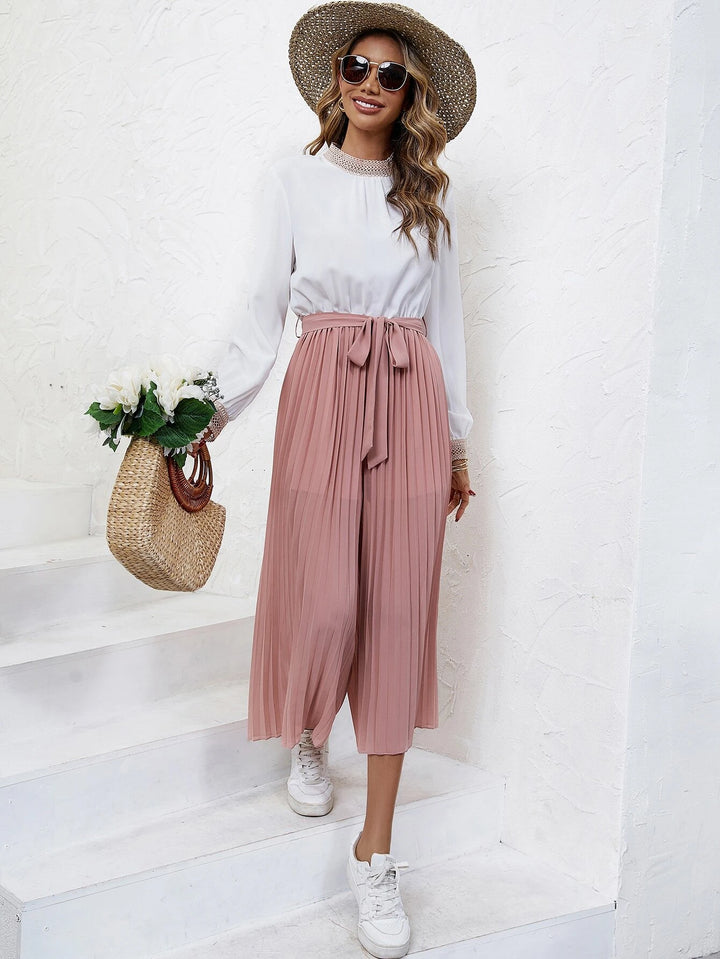 Two Tone Pleated Belted Jumpsuit