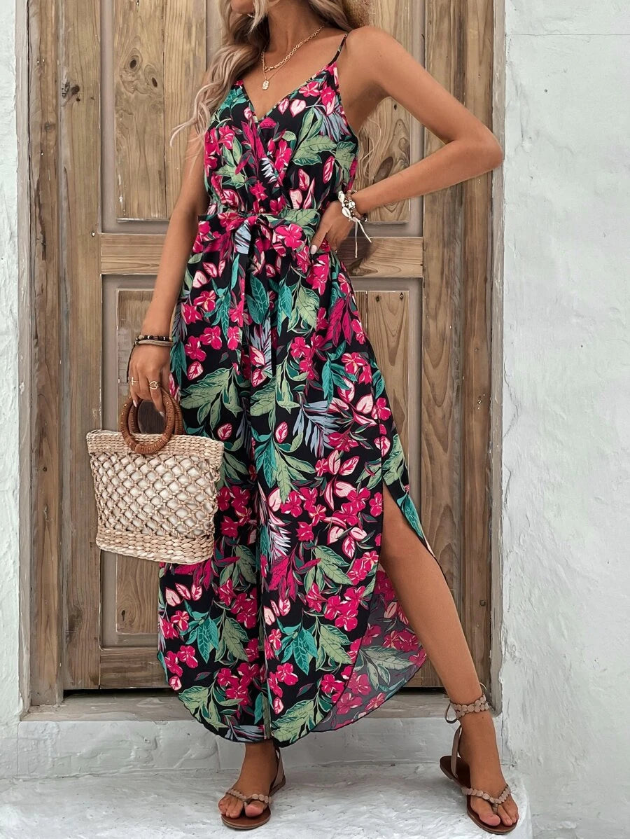 Tropical Print Belted Jumpsuit