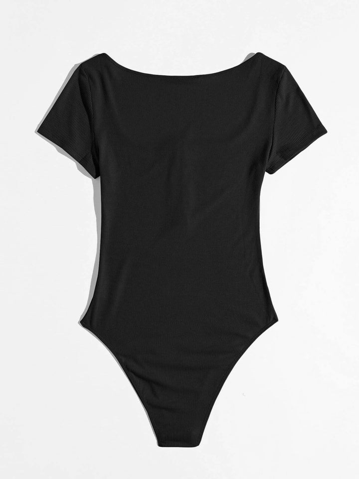 Scoop Neck Half Hook and Eye Placket Solid Bodysuit