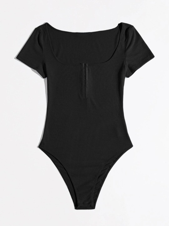 Scoop Neck Half Hook and Eye Placket Solid Bodysuit