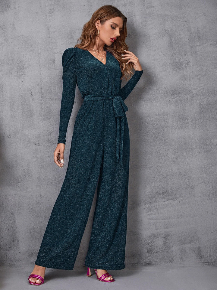 Surplice Neck Gigot Sleeve Belted Glitter Jumpsuit