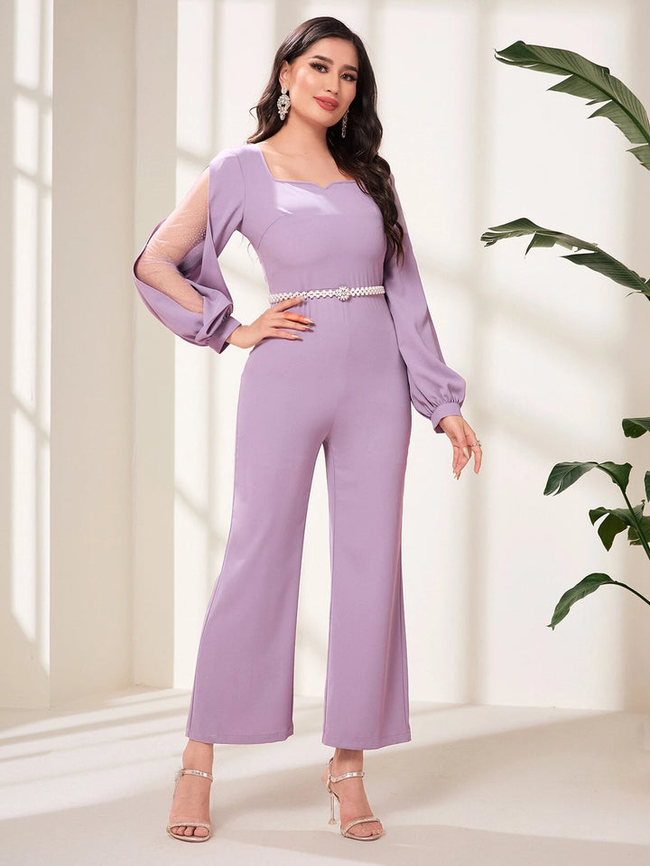 Split Sleeve Flare Leg Jumpsuit Without Belt