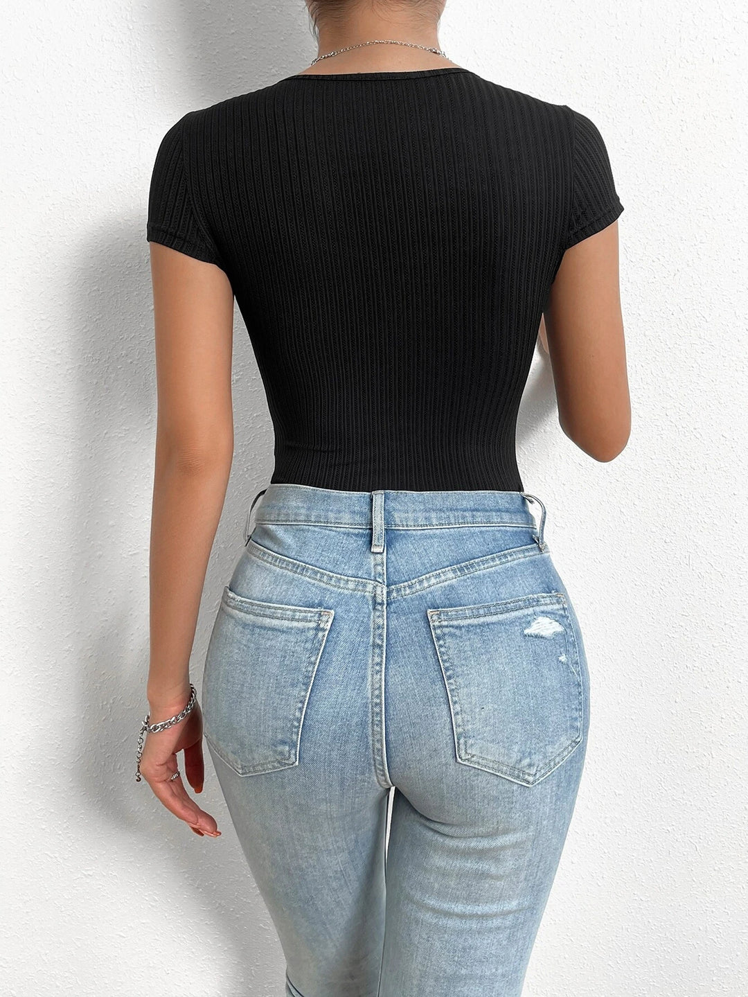 Notched Neck Ribbed Knit Tee Bodysuit