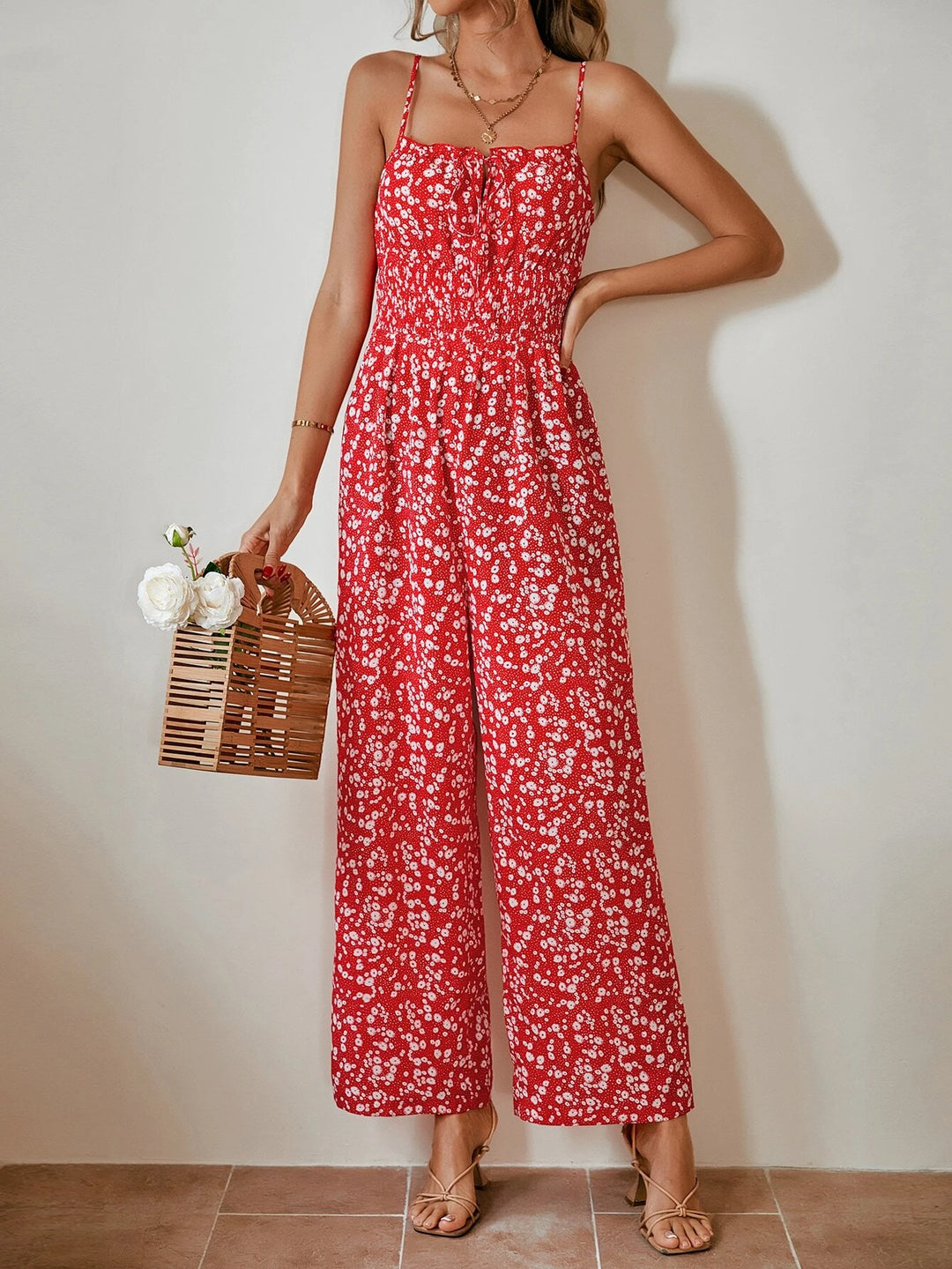 Floral Print Tie Front Cami Jumpsuit