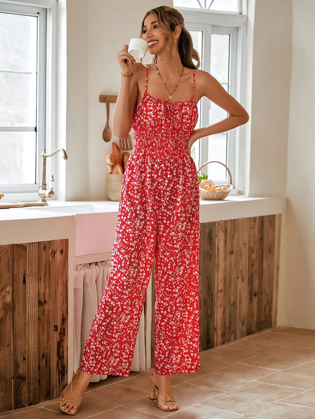 Floral Print Tie Front Cami Jumpsuit