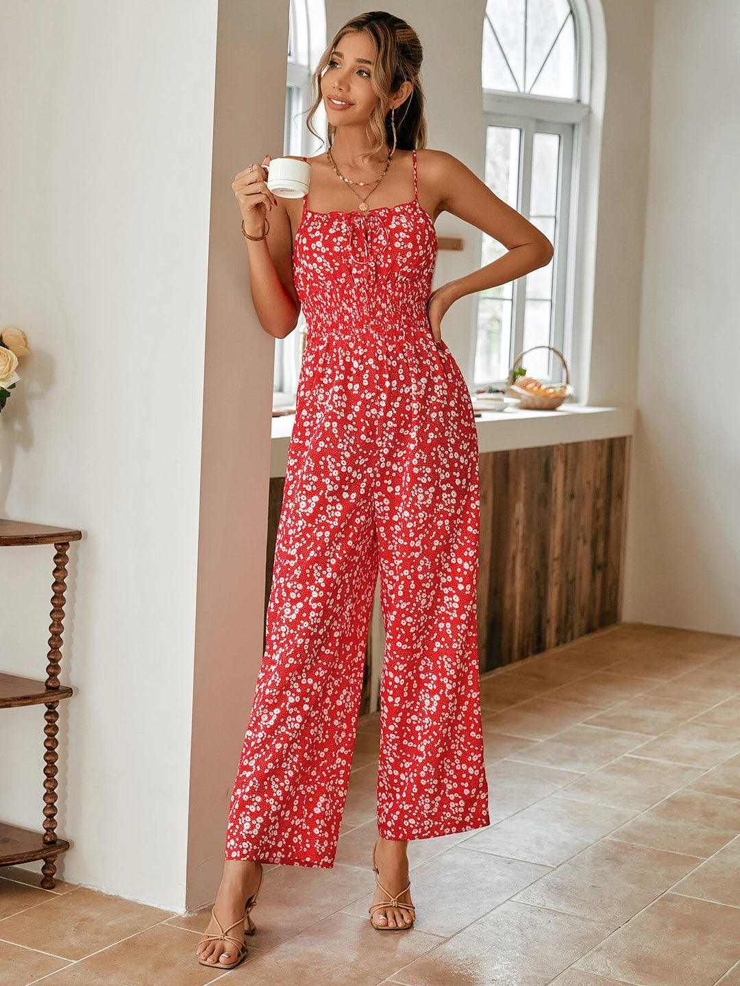 Floral Print Tie Front Cami Jumpsuit