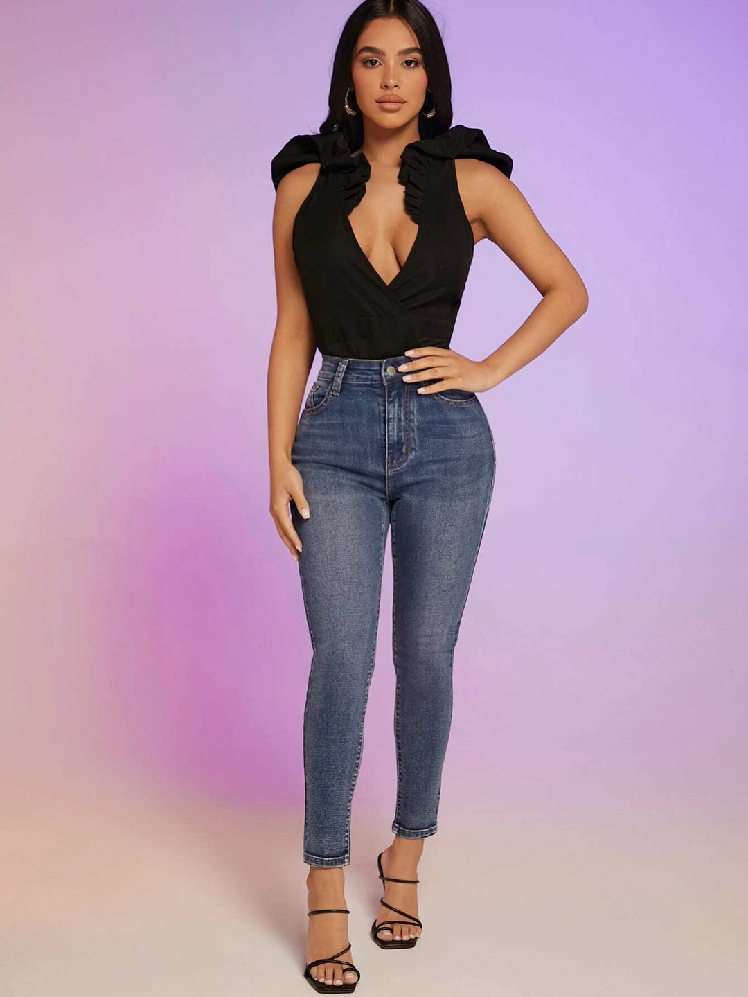 Plunging Neck Ruffle Backless Bodysuit