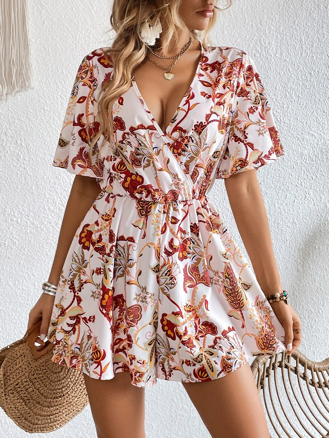 Floral Print Butterfly Sleeve Romper