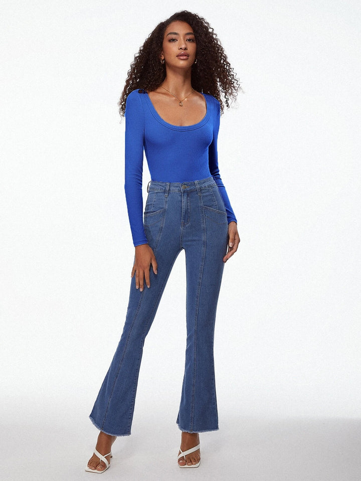 Scoop Neck Ribbed Knit Blue Bodysuit