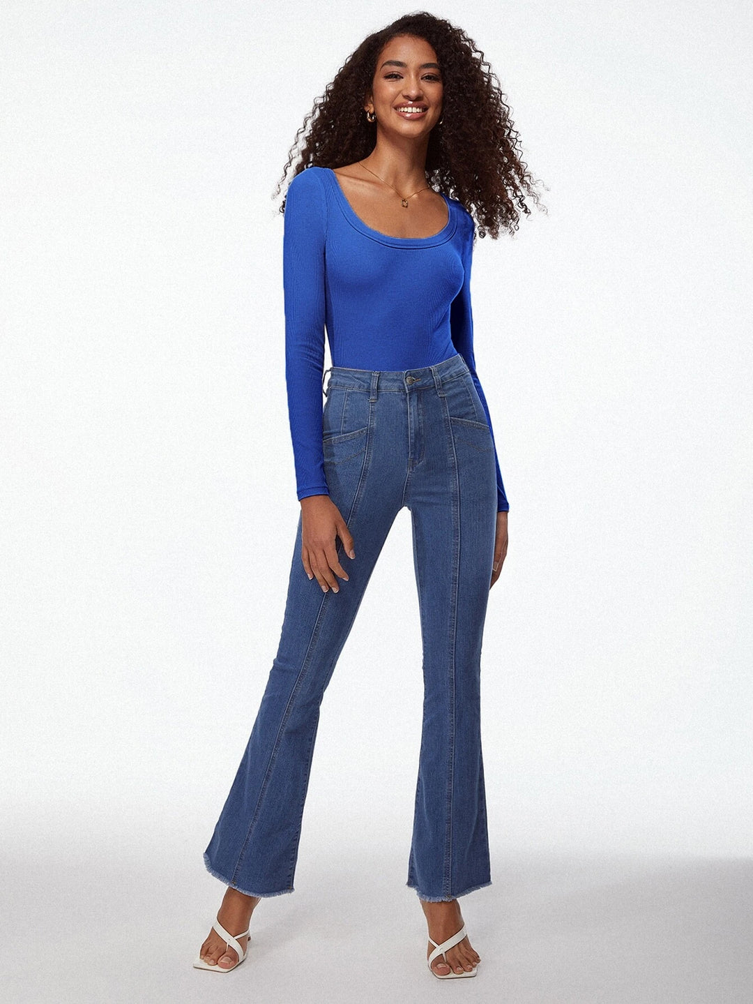 Scoop Neck Ribbed Knit Blue Bodysuit