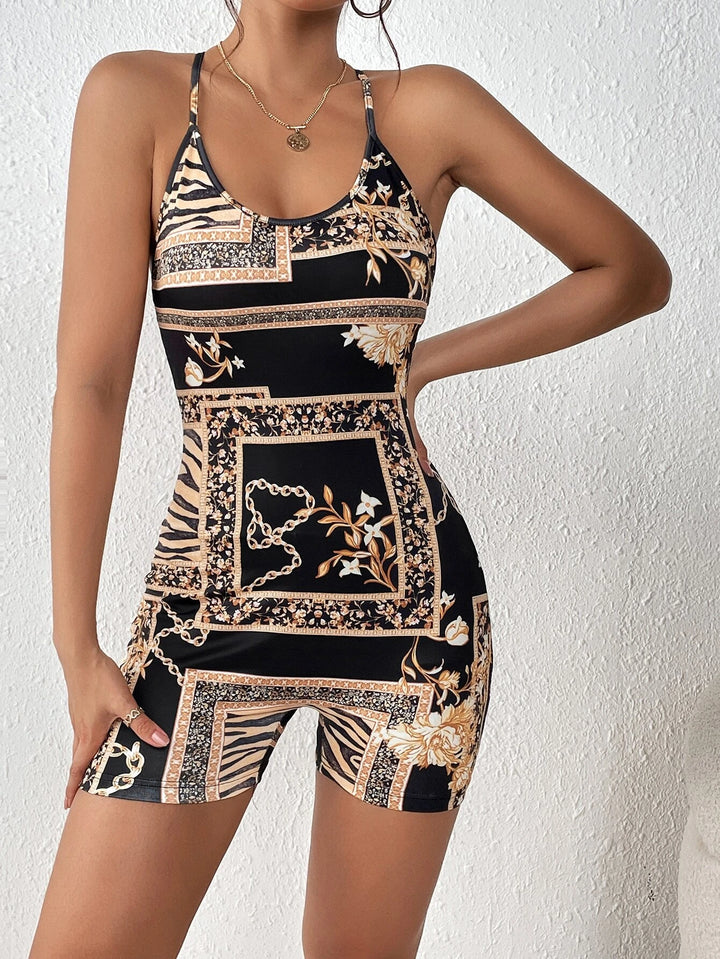 Sleeveless Print Backless Romper