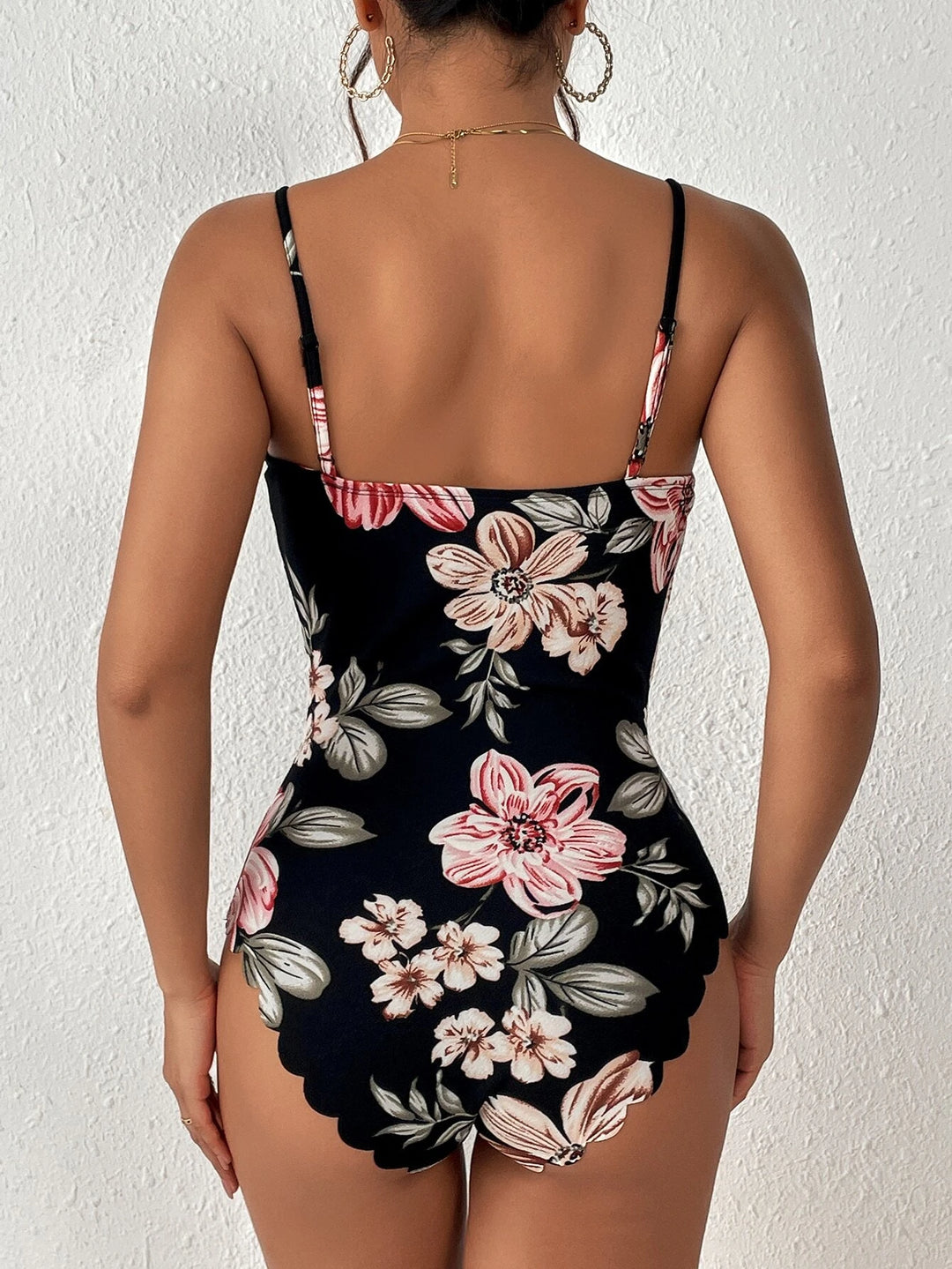 Floral Print Scallop Trim Cami Bodysuit