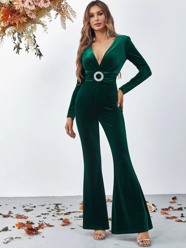 Rhinestone Buckle Ruched Front Flare Leg Jumpsuit