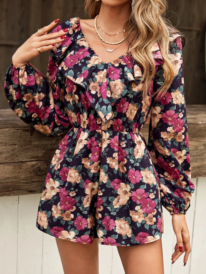 Frenchy Floral Print Ruffle Trim Lantern Sleeve Romper