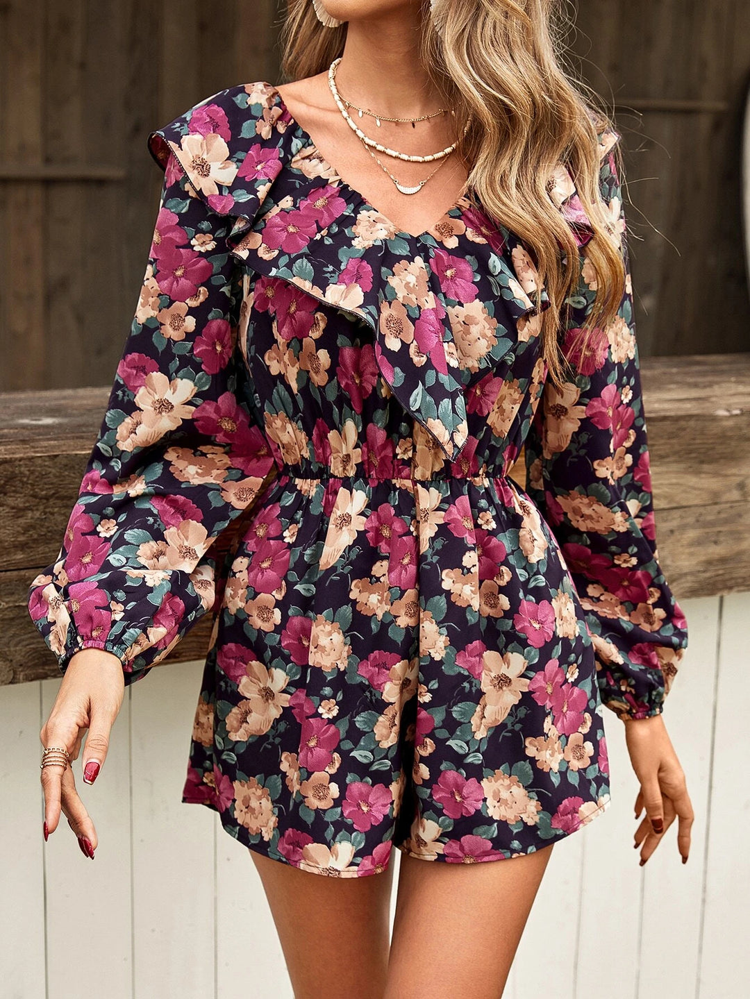 Frenchy Floral Print Ruffle Trim Lantern Sleeve Romper