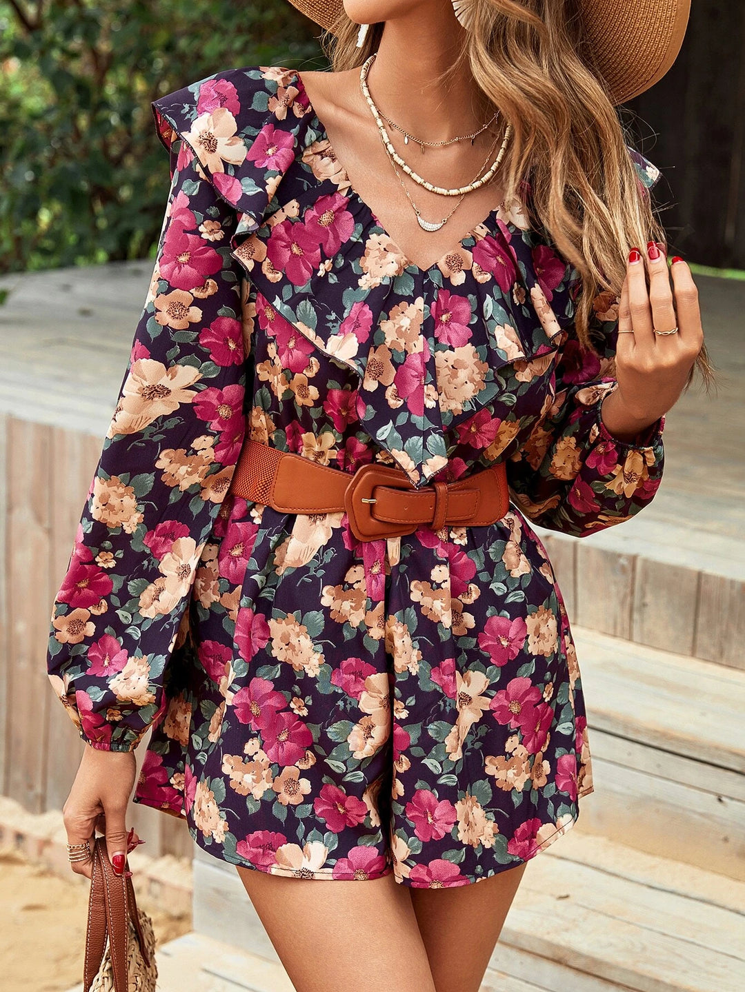 Floral Print Ruffle Trim Lantern Sleeve Romper