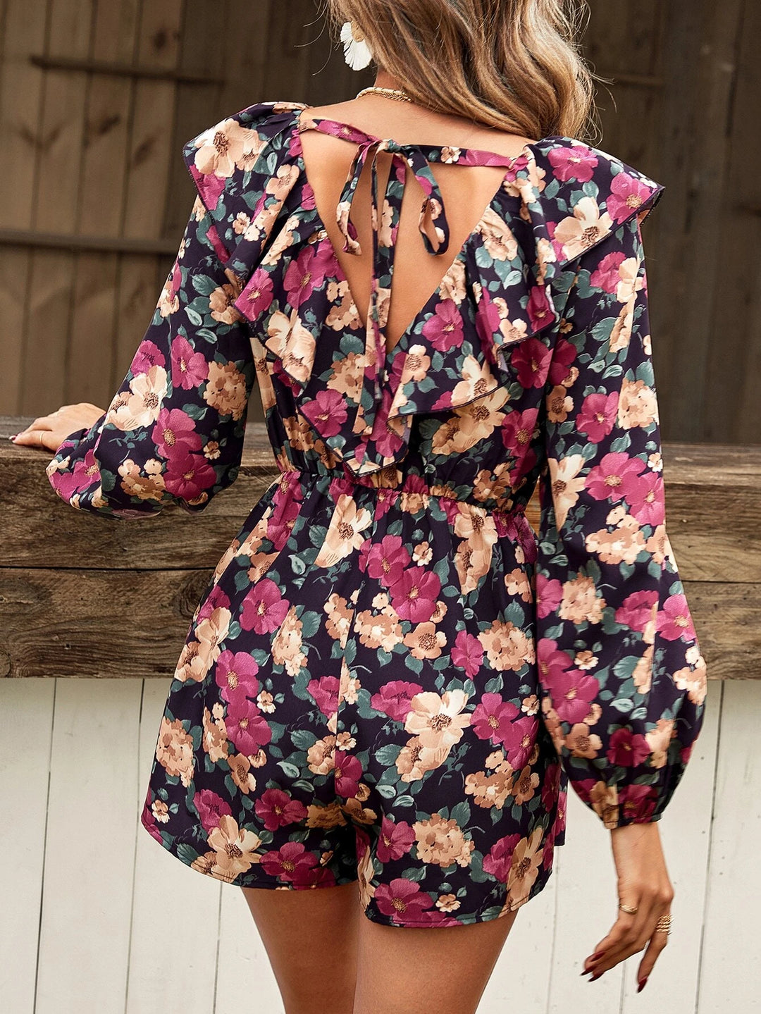 Frenchy Floral Print Ruffle Trim Lantern Sleeve Romper