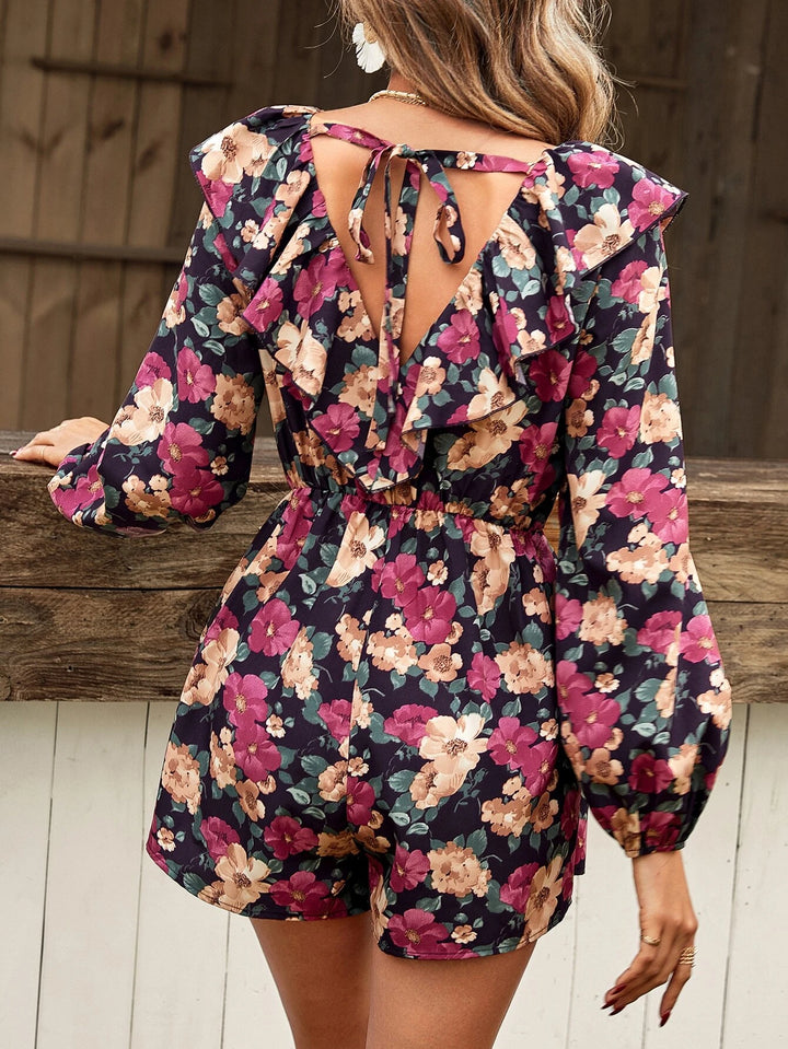 Floral Print Ruffle Trim Lantern Sleeve Romper