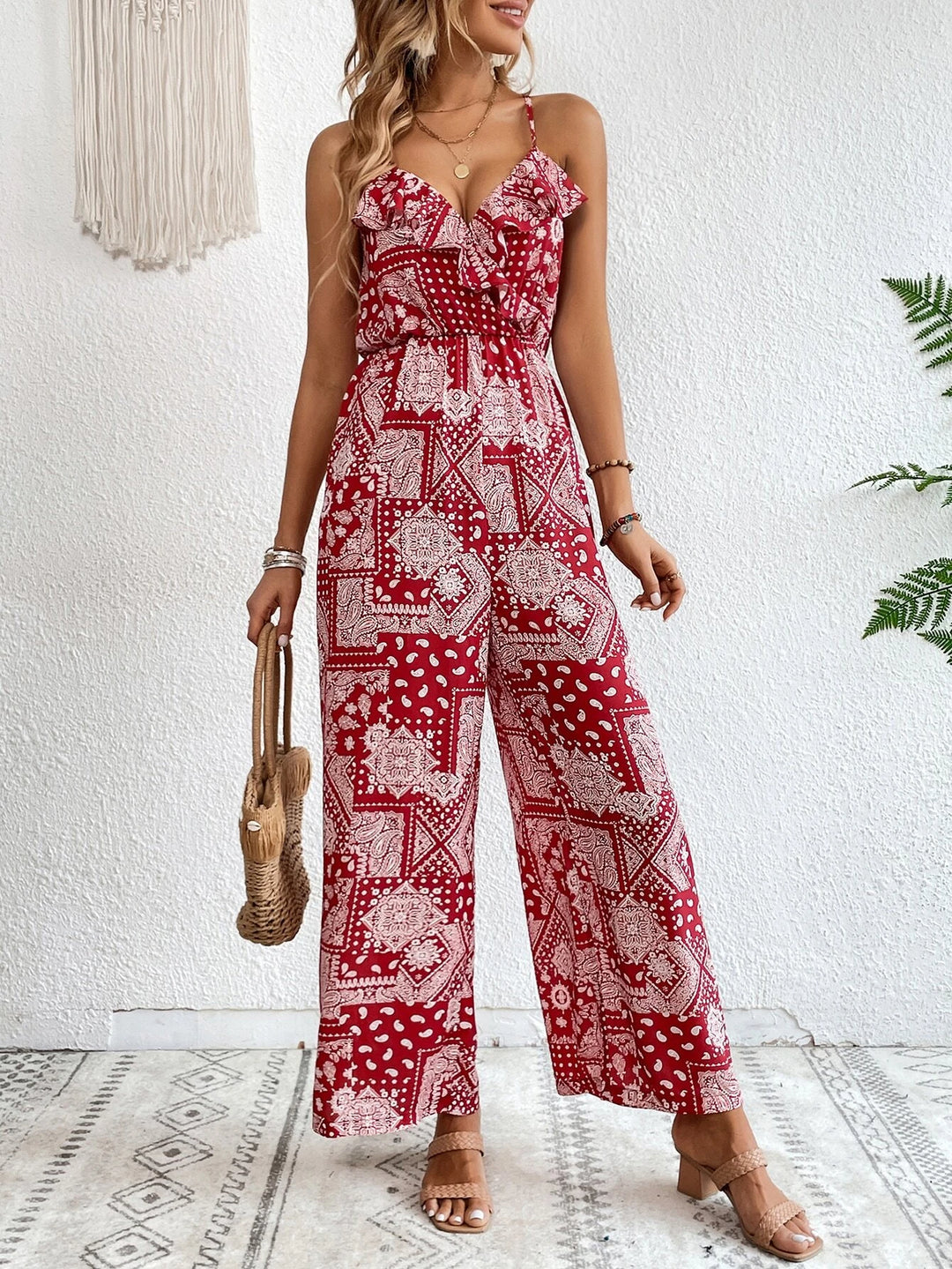 Bedruckter, ärmelloser Cami-Jumpsuit ohne Gürtel