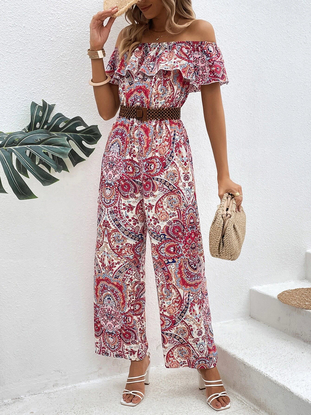 Paisley Print Off Shoulder Ruffle Trim Jumpsuit Without Belt