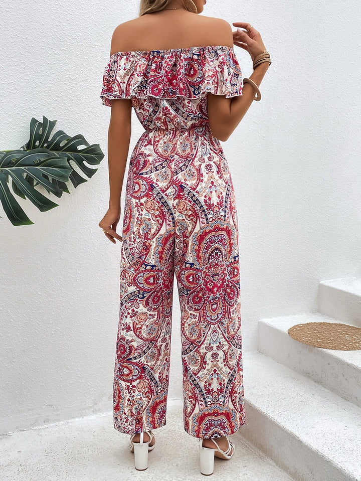 Paisley Print Off Shoulder Ruffle Trim Jumpsuit Without Belt