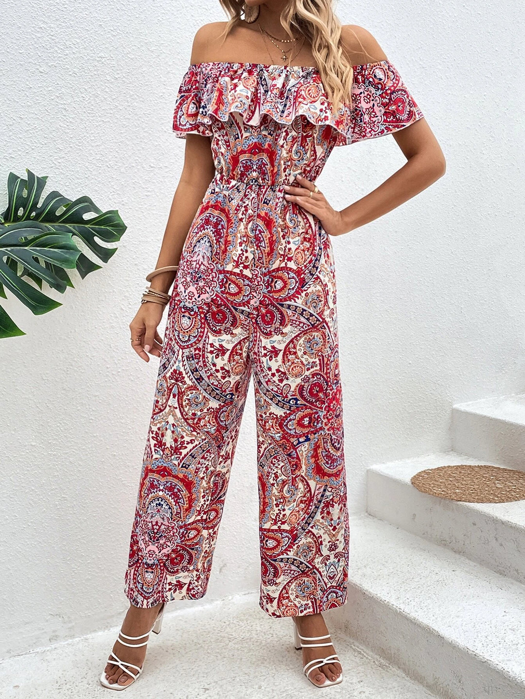 Paisley Print Off Shoulder Ruffle Trim Jumpsuit Without Belt