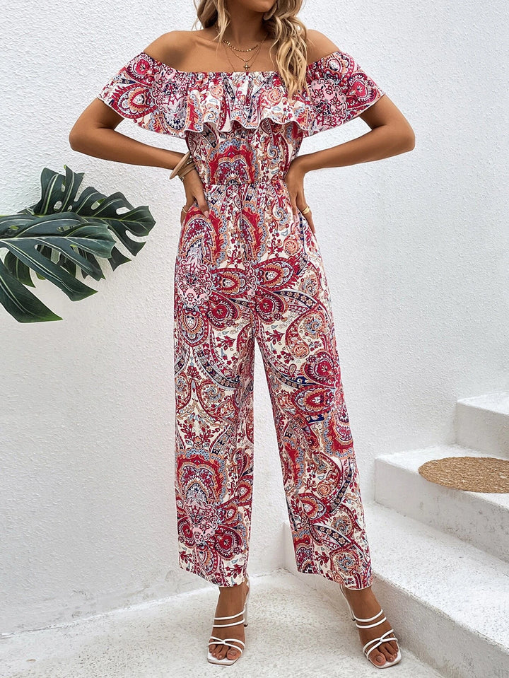 Paisley Print Off Shoulder Ruffle Trim Jumpsuit Without Belt