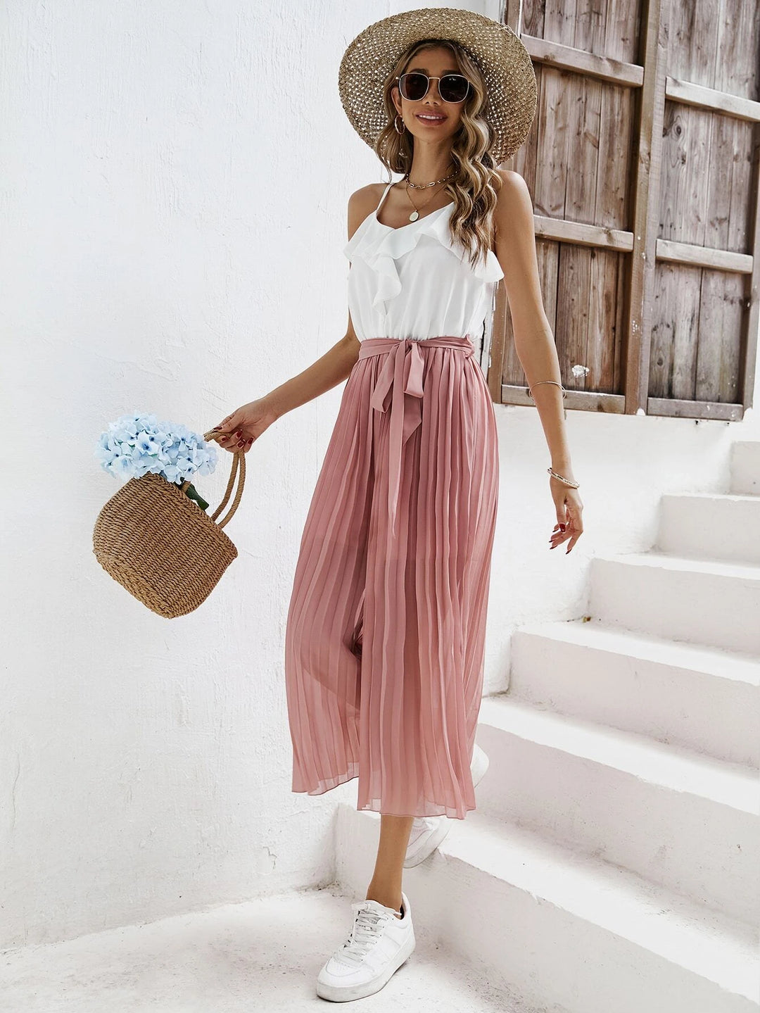 Two Tone Pleated Belted Cami Jumpsuit
