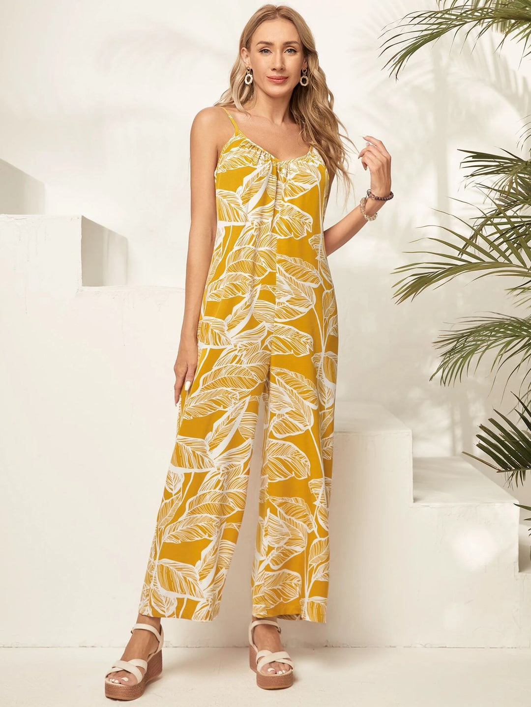 Tropical Print Wide Leg Cami Jumpsuit