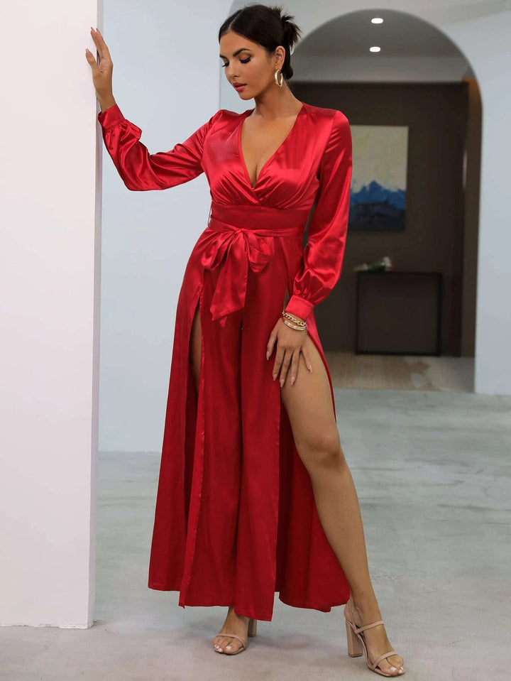 Plunging Neck Split Thigh Belted Satin Romper