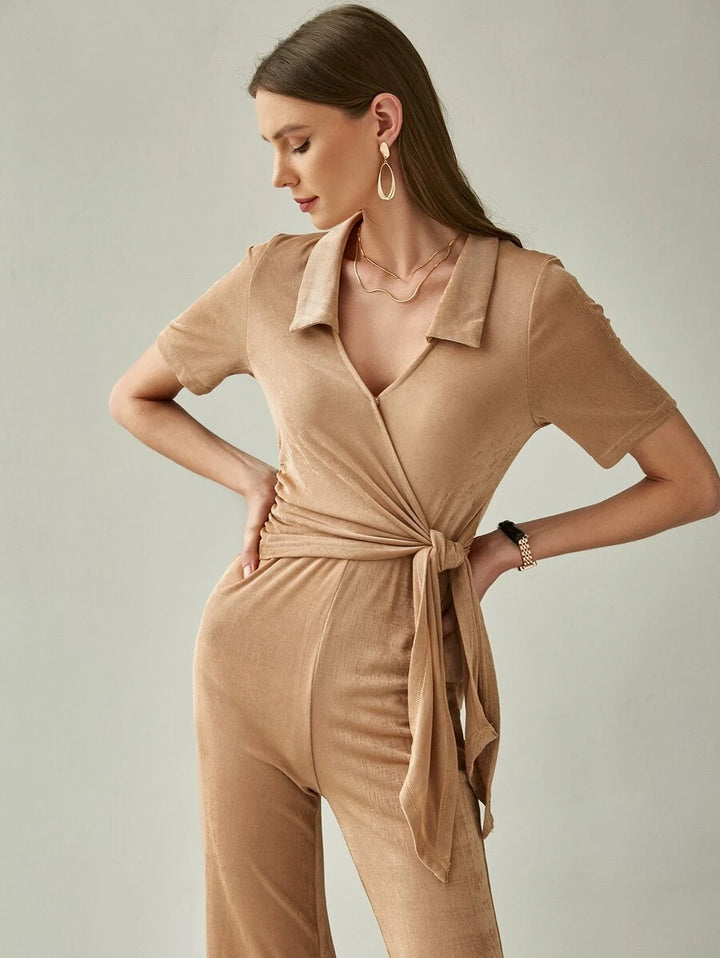 Solid Tie Front Wrap Jumpsuit