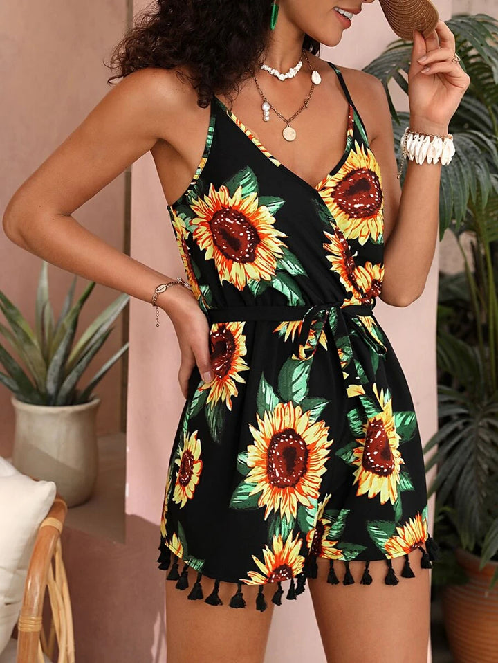 Sunflower Print Tassel Trim Belted Cami Romper