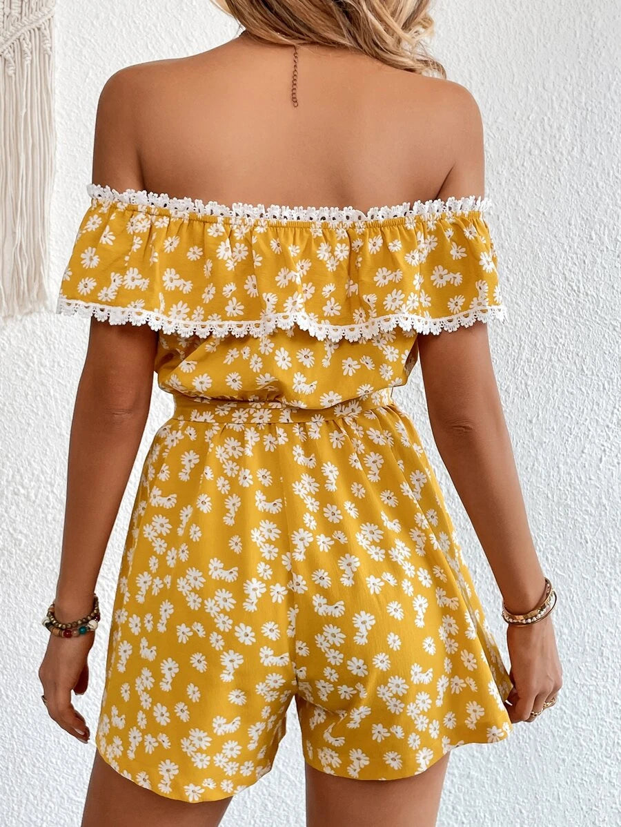 Floral Print Ruffle Off Shoulder Romper