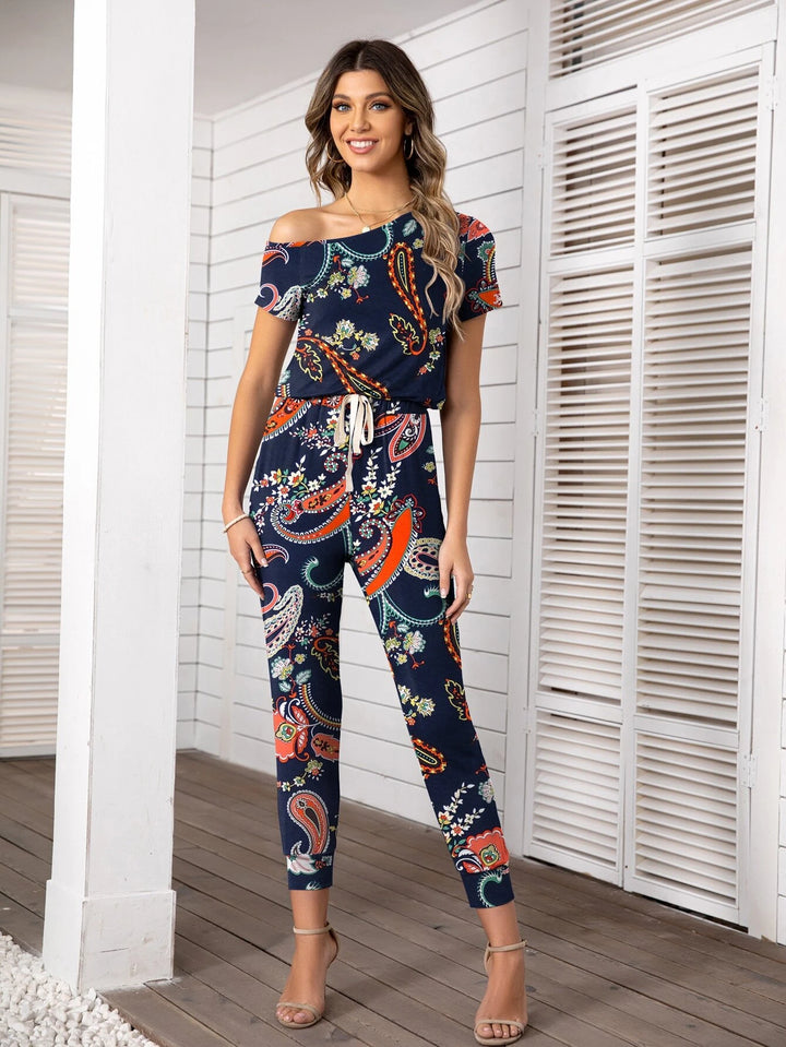 Paisley Print Asymmetrical Neck Jumpsuit