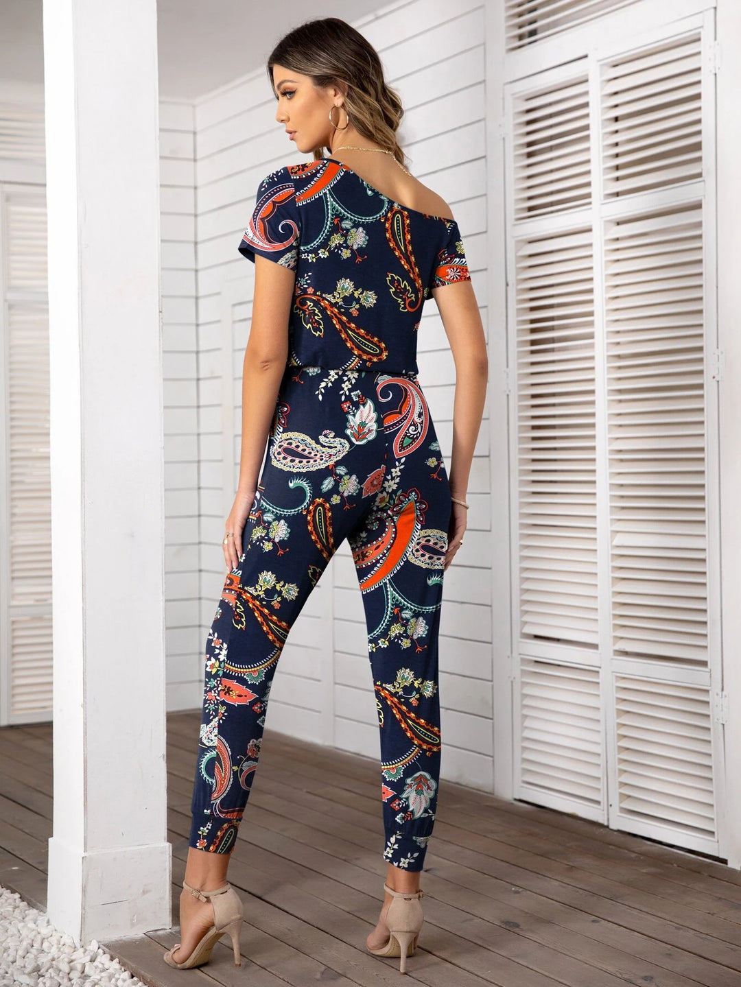 Paisley Print Asymmetrical Neck Jumpsuit