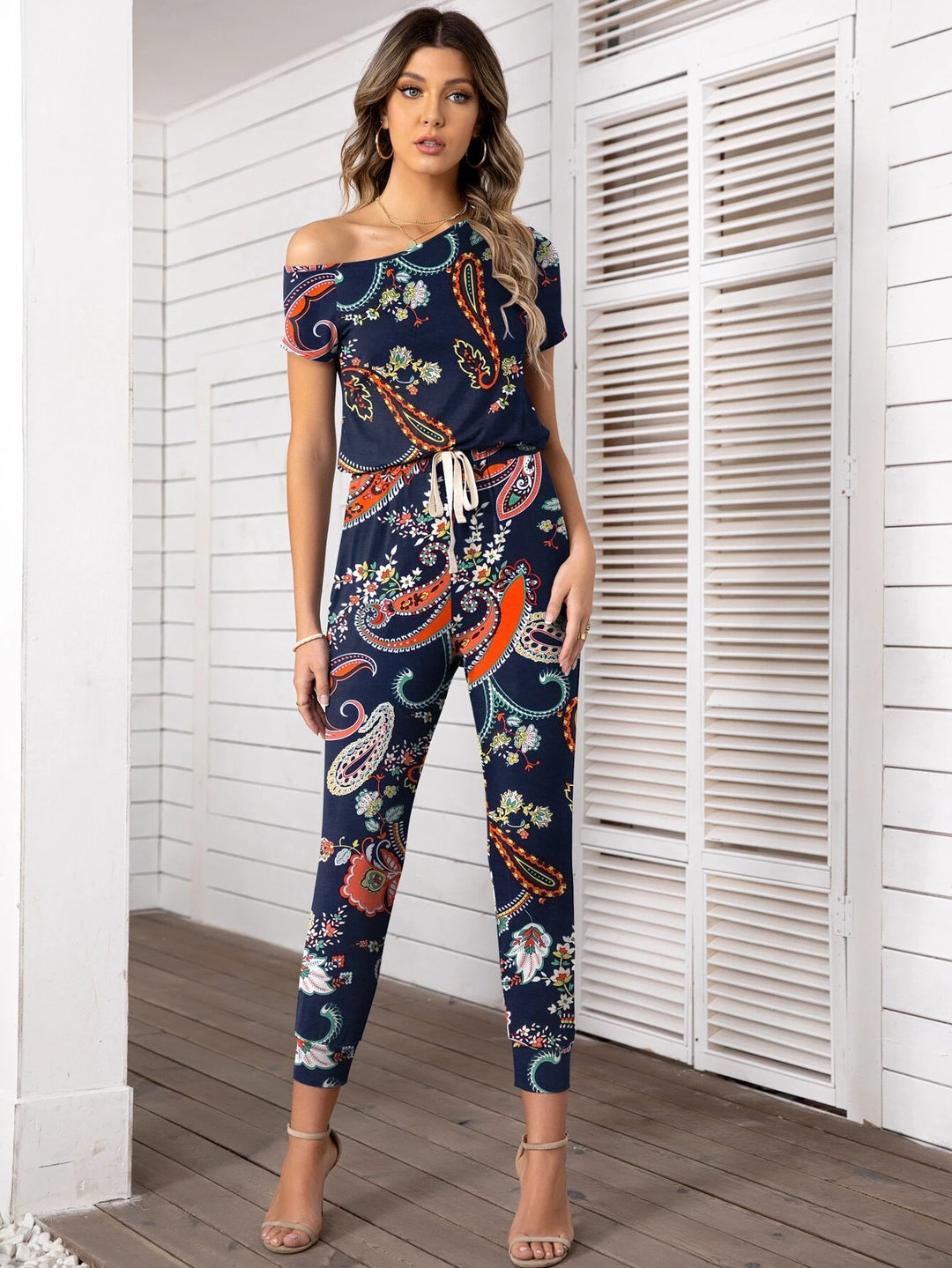 Paisley Print Asymmetrical Neck Jumpsuit