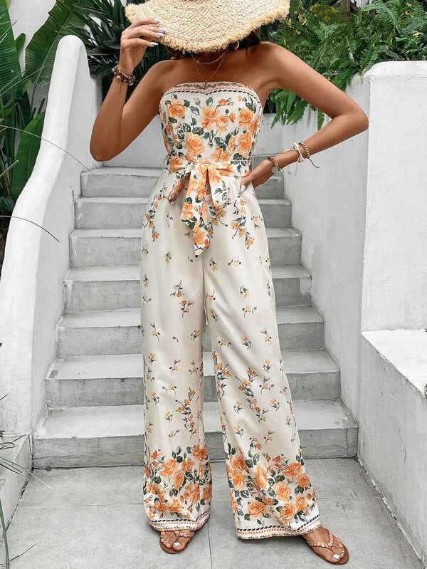 Floral Print Boho Belted Tube Jumpsuit