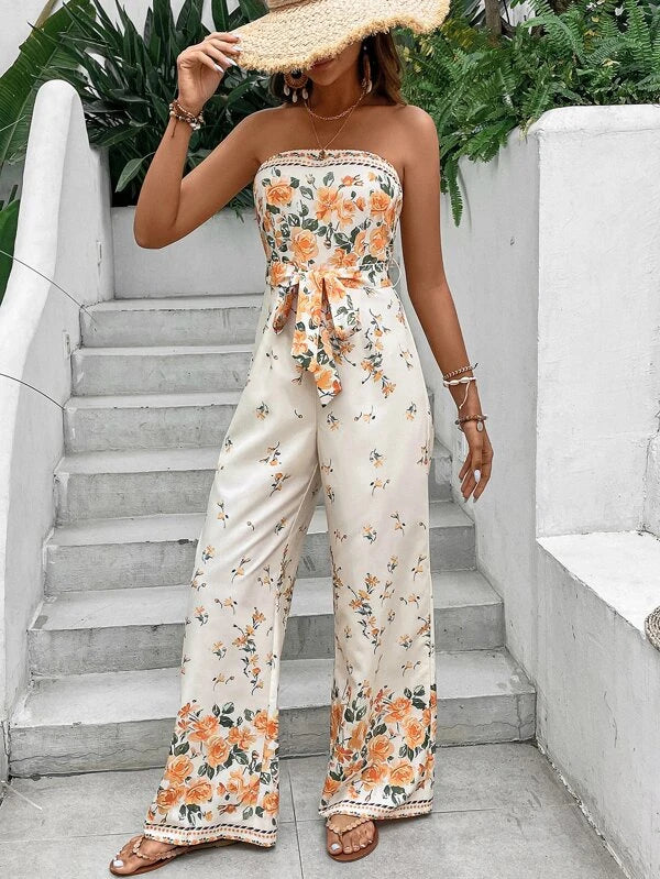 Floral Print Boho Belted Tube Jumpsuit