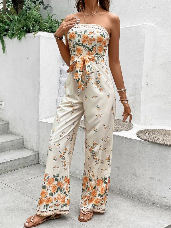 Floral Print Boho Belted Tube Jumpsuit